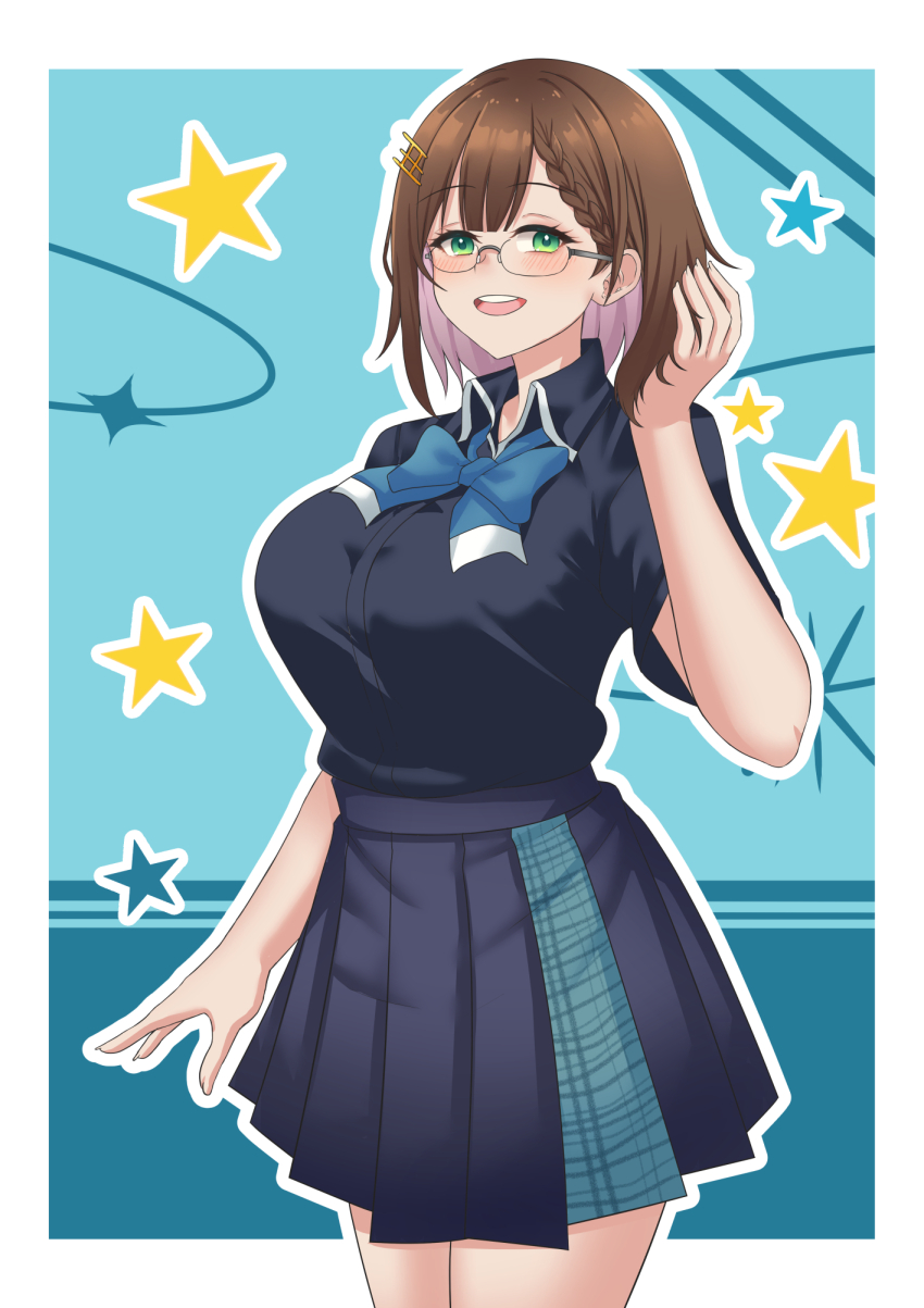 1girl :d alternate_hairstyle blue_background blue_bow blue_bowtie blue_shirt blue_skirt blush bow bowtie braid breasts brown_hair center-flap_bangs collared_shirt colored_inner_hair commentary english_commentary eyelashes glasses green_eyes grey-framed_eyewear hair_ornament highres large_breasts manon_merope multicolored_hair nexas_(vtuber) open_mouth outline pleated_skirt puffywaffles purple_hair semi-rimless_eyewear shirt skirt smile solo star_(symbol) teeth tongue two-tone_hair upper_teeth_only virtual_youtuber white_outline