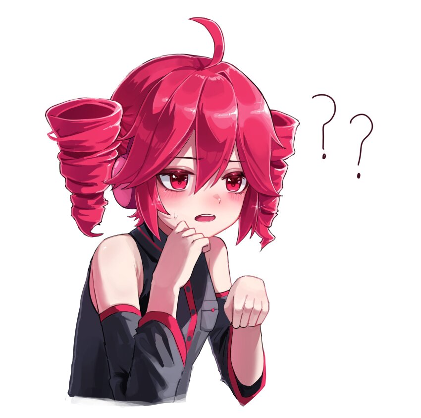 1girl ? ?? absurdres ahoge black_shirt black_sleeves blush breast_pocket buttons cropped_torso detached_sleeves drill_hair hair_between_eyes headphones highres hu2924 kasane_teto kasane_teto_(utau) looking_to_the_side open_mouth pocket red_eyes shirt simple_background sleeveless sleeveless_shirt solo sweatdrop twin_drills upper_body utau white_background