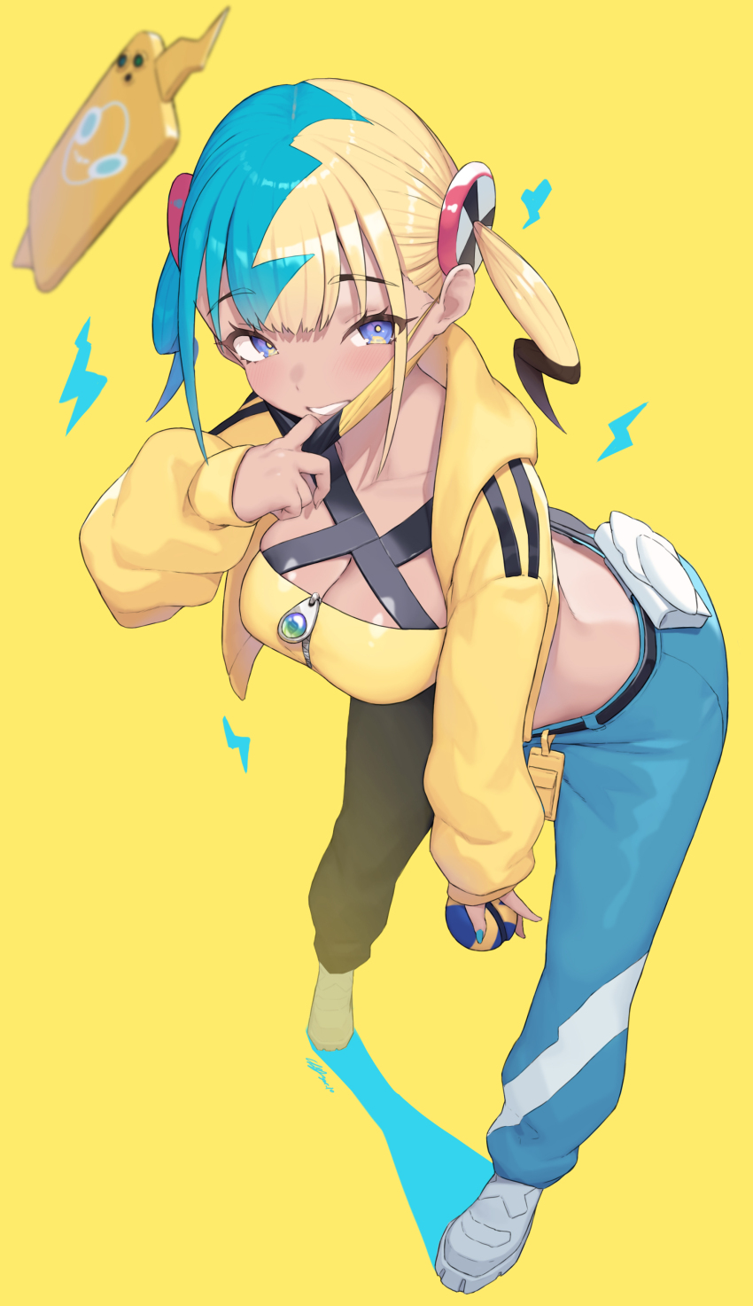 1girl absurdres aqua_hair blonde_hair blue_eyes breasts canari_(pokemon) character_hair_ornament cleavage cloba collarbone dark-skinned_female dark_skin full_body gen_4_pokemon grin hair_ornament highres holding holding_poke_ball large_breasts leaning_forward mask mask_pull midriff mouth_mask multicolored_hair nintendo pants poke_ball pokemon pokemon_legends:_z-a rotom rotom_phone simple_background smile solo split-color_hair standing two-tone_pants yellow_background