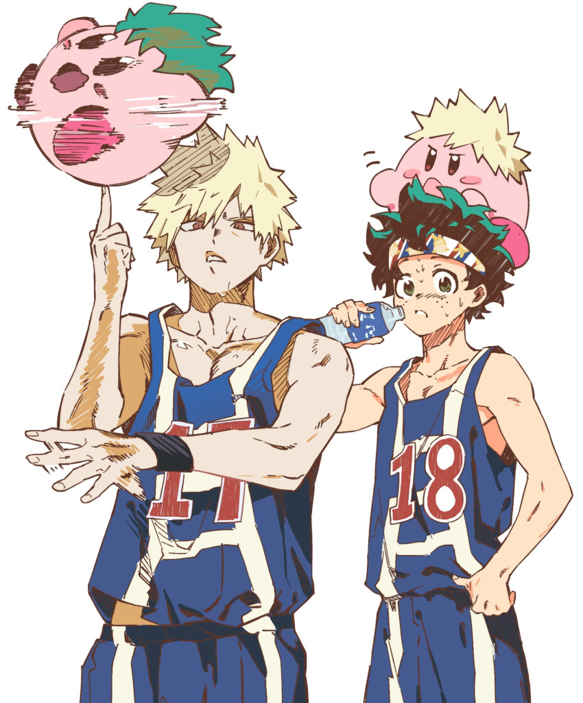 2boys bakugou_katsuki basketball_uniform blonde_hair boku_no_hero_academia bottle crossover dimples freckles green_eyes green_hair headband highres kirby kirby_(series) looking_at_viewer male_focus midoriya_izuku multiple_boys muscular muscular_male nintendo pectoral_cleavage pectorals red_eyes redshu_ktdk shirt shorts sportswear sweat tank_top white_background wristband