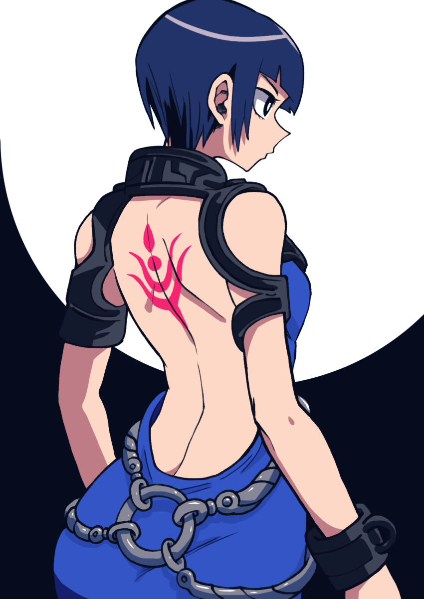 1girl back_tattoo backless_dress backless_outfit batchgooya black_hair blue_dress breasts closed_mouth dress highres kagerou:_kokumeikan_shinshou millennia short_hair sideboob skirt solo tattoo