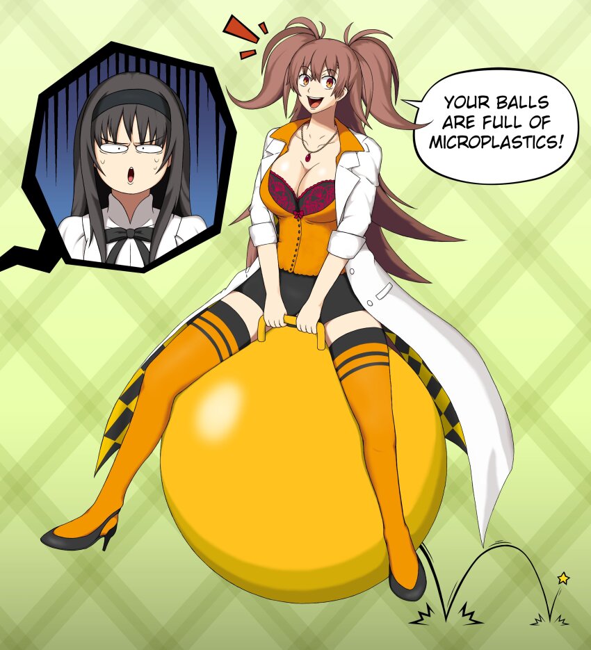 2girls absurdres ball black_hair breasts brown_hair coat dr._arach exercise_ball green_art_manga high_heels highres large_breasts long_hair looking_at_viewer multiple_girls orange_eyes tohno_akiha tsukihime twintails white_coat