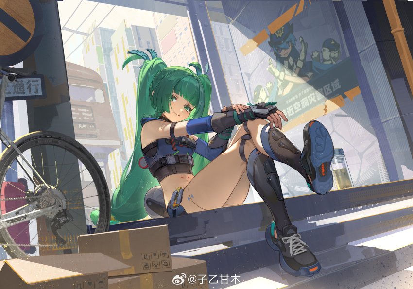 1girl black_shoes blue_shirt blunt_bangs box breasts cityscape closed_mouth crop_top crossed_legs day detached_sleeves doorway dorsiflexion fingerless_gloves gloves green_eyes green_hair hand_on_own_knee hand_on_own_wrist hand_rest highres indoors light_particles long_hair looking_at_viewer low-tied_long_hair midriff multi-tied_hair on_ground on_stairs outstretched_arm overhead_line qingyi_(zenless_zone_zero) shirt shoes sitting sleeveless sleeveless_shirt small_breasts smile sneakers solo stairs sunlight thighs twintails urban watermark weibo_watermark zenless_zone_zero ziyiganmu