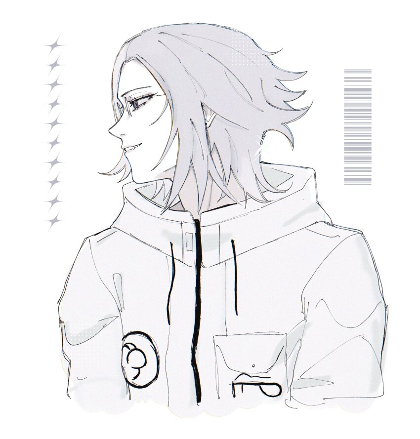 1boy absurdres aotsuki_eito bar_censor censored diamond_(shape) drawstring glasses grey_eyes greyscale grin highres looking_to_the_side male_focus monochrome open_mouth simple_background smile solo solo_focus the_hundred_line_-last_defense_academy- upper_body white_background white_hair