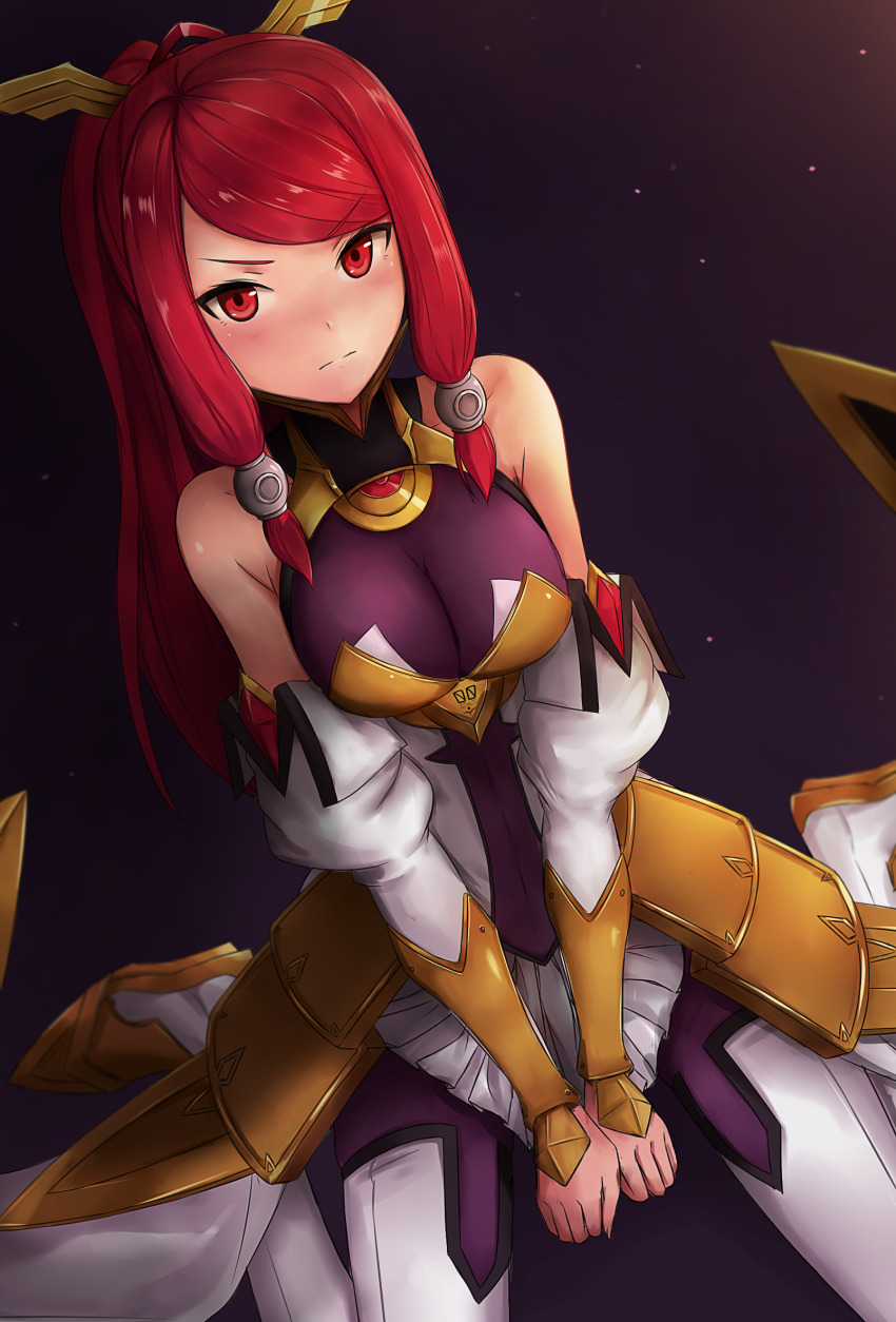 1girl armor armored_dress bare_shoulders between_legs blazblue blush breasts detached_sleeves dress embarrassed faulds female_focus hair_ornament hair_tubes hand_between_legs highres izayoi_(blazblue) large_breasts long_hair looking_at_viewer pantyhose ponytail red_eyes red_hair simple_background sitting skirt solo thighhighs tsubaki_yayoi wariza yoyuki
