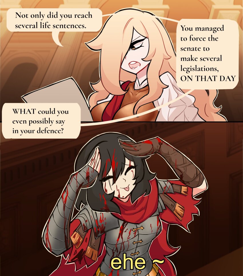 2girls absurdres ah_eto..._bleh_(meme) armor black_hair blonde_hair blood blood_on_armor blood_on_clothes blood_on_face breastplate cape centurii-chan character_request closed_eyes courtroom elbow_gloves english_text evocatus_(centurii-chan) gauntlets gloves greco-roman_clothes hair_over_one_eye hands_on_own_head highres holding holding_paper judge leather leather_gloves legate_(centurii-chan) long_hair meme multiple_girls original paper red_cape robe roman_clothes shoulder_armor speech_bubble tongue tongue_out trial yellow_eyes