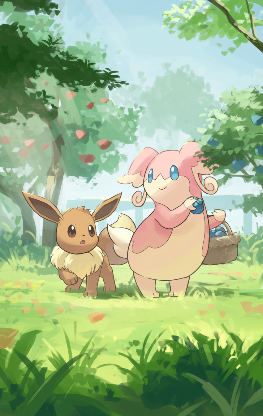 audino basket berry_(pokemon) blurry blurry_background blurry_foreground body_fur brown_fur commentary_request eevee elbow_carry food fruit gen_1_pokemon gen_5_pokemon grass highres holding holding_basket holding_food holding_fruit nintendo no_humans outdoors pokemon pokemon_(creature) tree yamaori_(hakkentai_pokedan)