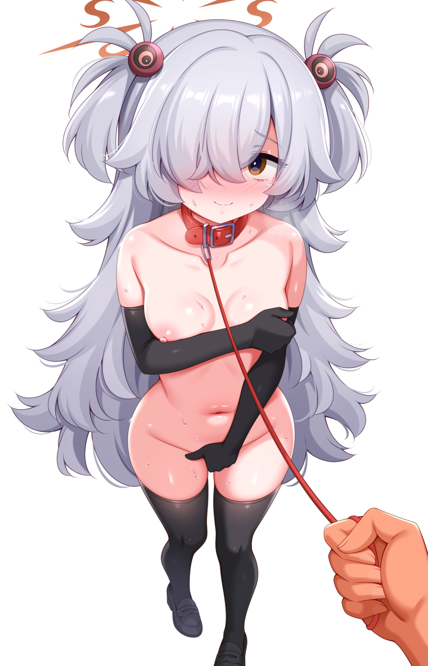 1boy 1girl absurdres animal_collar between_legs black_gloves black_shoes black_thighhighs blue_archive blush breasts brown_eyes brown_halo closed_mouth collar collarbone commentary_request covering_breasts covering_crotch covering_privates elbow_gloves embarrassed full_body gloves grey_hair hair_between_eyes hair_over_one_eye halo hand_between_legs hand_up highres holding holding_leash kanoe_(blue_archive) leash leash_pull loafers loli long_hair looking_at_viewer naked_footwear navel nipples nude one_eye_covered pov pov_hands red_collar shoes simple_background smile solo_focus split_mouth standing sweat thighhighs thighs two_side_up very_long_hair white_background zirba