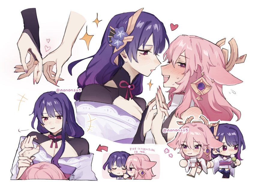 2girls animal_ear_fluff animal_ears blush breasts commentary english_commentary fox_ears fox_girl fox_tail genshin_impact hair_ornament heart heart-shaped_pupils highres long_hair long_sleeves looking_at_another multiple_girls nonons open_mouth purple_eyes purple_hair raiden_shogun smile symbol-shaped_pupils tail yae_miko yuri