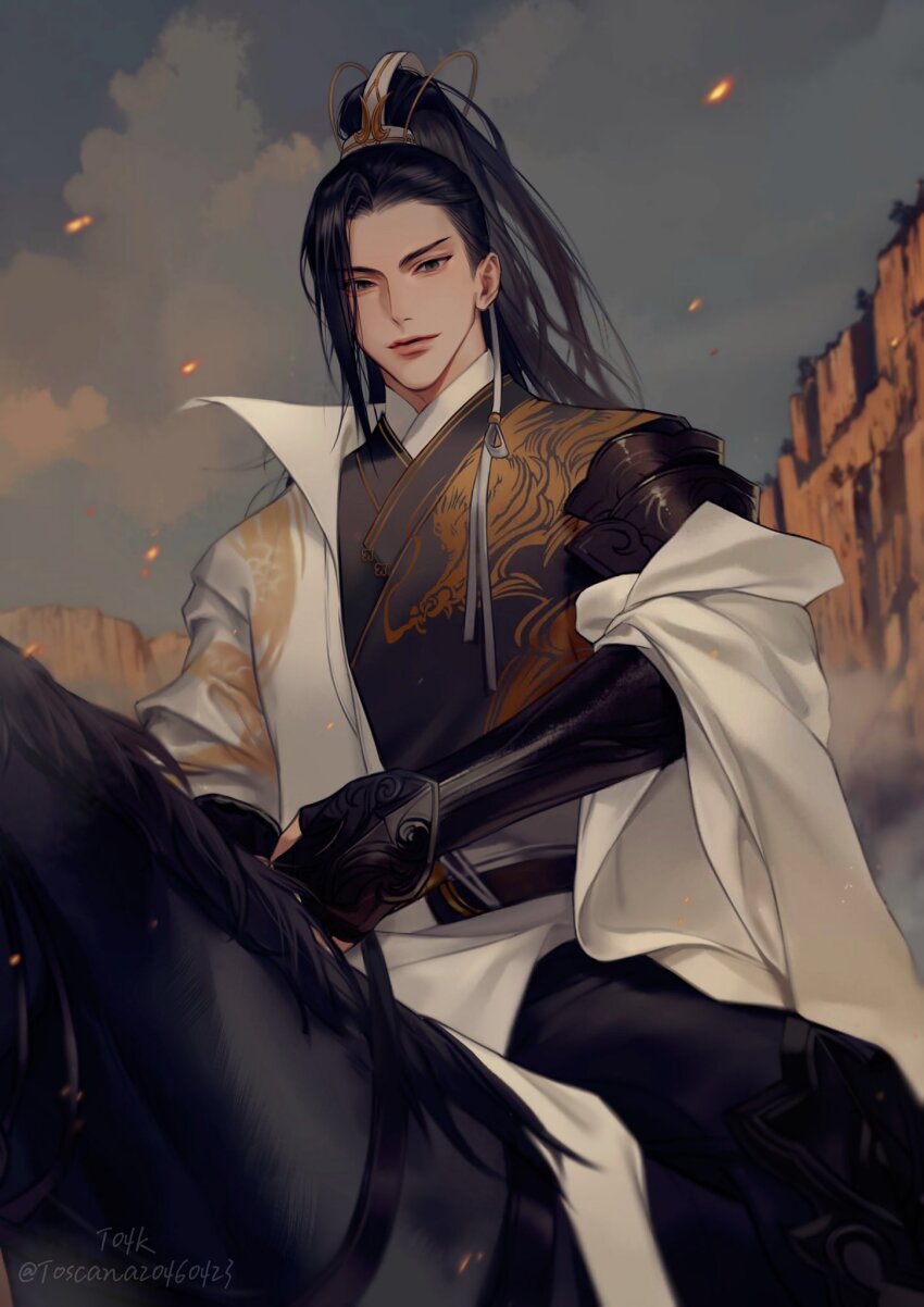 1boy arm_armor armor artist_name black_coat black_hair black_horse black_pants blurry blurry_background chinese_clothes closed_mouth cloud cloudy_sky coat cowboy_shot dragon_print fang_yingkan fingerless_gloves gloves grey_eyes hair_ornament high_ponytail highres holding holding_reins horse horseback_riding light_particles long_hair looking_at_viewer male_focus nishui_han outdoors pants ponytail reins riding robe shirt shoulder_armor sky solo thick_lips toscana20460423 twitter_username white_robe white_shirt