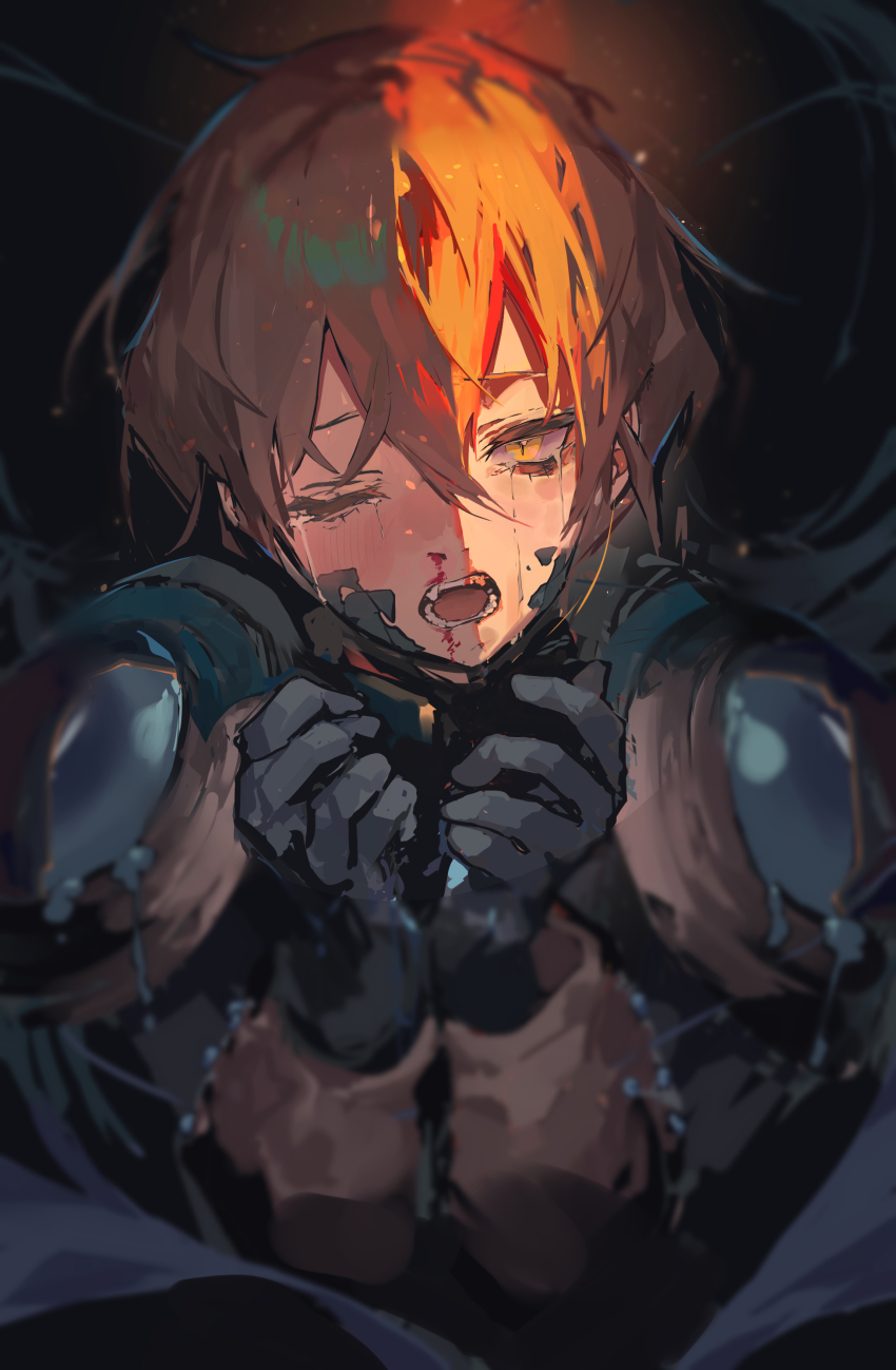 1boy absurdres armor black_armor black_gloves blonde_hair blood blue_cape blue_lips cape cavernous_wailing_(e.g.o) crying cymlim e.g.o_(project_moon) gloves hands_up highres limbus_company looking_at_viewer nosebleed one_eye_closed open_mouth project_moon sinclair_(project_moon) solo sunlight upper_body yellow_eyes