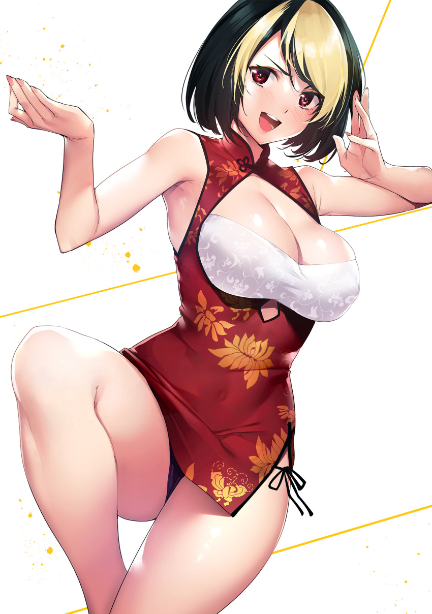 1girl armpits bare_arms bare_legs black_hair blonde_hair bob_cut breasts china_dress chinese_clothes cleaned cleavage cleavage_cutout clothing_cutout cover cover_page covered_navel destiny_lovers dress fighting_stance floral_print floral_print_dress hands_up highres ko_shenfa large_breasts looking_to_the_side manga_cover multicolored_hair official_art open_mouth paint_splatter panties pantyshot pink_nails print_dress red_eyes short_dress side-tie_panties simple_background sleeveless sleeveless_dress solo standing standing_on_one_leg teeth thighs third-party_edit third-party_source tomohiro_kai two-tone_hair underwear upper_teeth_only white_background