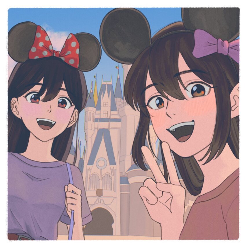 2girls alternate_eye_color aubrey_(faraway)_(omori) aubrey_(omori) black_hair blue_sky blush bow brown_eyes castle day disney disneyland hair_bow highres long_hair looking_at_viewer mari_(faraway)_(omori) mari_(omori) mickey_mouse mickey_mouse_ears minnie_mouse msdnno_kabe multiple_girls omori open_mouth outdoors pink_bow purple_shirt red_shirt shirt sky smile t-shirt teeth upper_teeth_only v