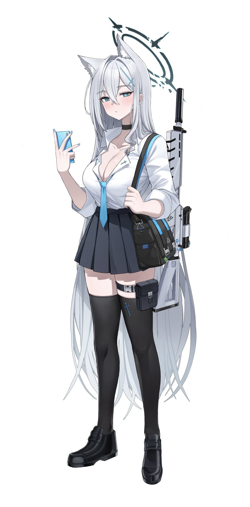 1girl :/ absurdres alternate_costume animal_ear_fluff animal_ears assault_rifle bag belt black_bag black_choker black_halo black_shoes black_skirt black_thighhighs blue_archive blue_eyes blue_nails blue_necktie blush breasts broken_halo cellphone choker cleavage collared_shirt commentary cross_hair_ornament dress_shirt extra_ears full_body grey_hair gun hair_between_eyes hair_ornament halo hand_up highres holding holding_phone holding_strap large_breasts loafers long_hair looking_at_viewer miniskirt nail_polish necktie pang-yo phone pleated_skirt pouch rifle school_uniform shiroko_(blue_archive) shiroko_terror_(blue_archive) shirt shoes shoulder_bag simple_background skirt smartphone solo thigh_belt thigh_pouch thigh_strap thighhighs very_long_hair weapon white_background white_shirt wolf_ears wolf_girl zettai_ryouiki