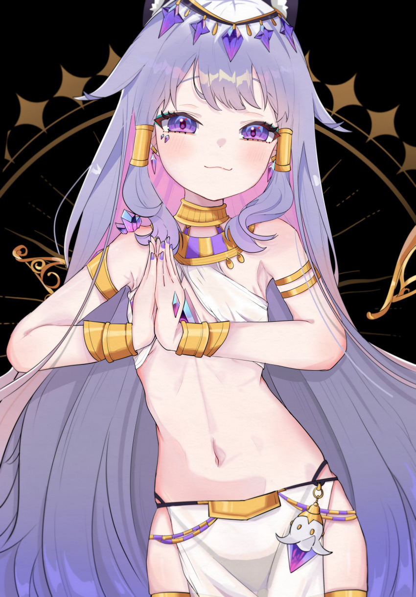 1girl absurdres ancient_egyptian_clothes blush breasts castellayaki colored_inner_hair commentary english_commentary grey_hair hair_flaps hand_jewel harem_outfit highres hololive hololive_english jewel_under_eye koseki_bijou long_hair multicolored_hair nail_polish own_hands_together pink_hair purple_eyes purple_nails sidelocks small_breasts smile solo very_long_hair virtual_youtuber