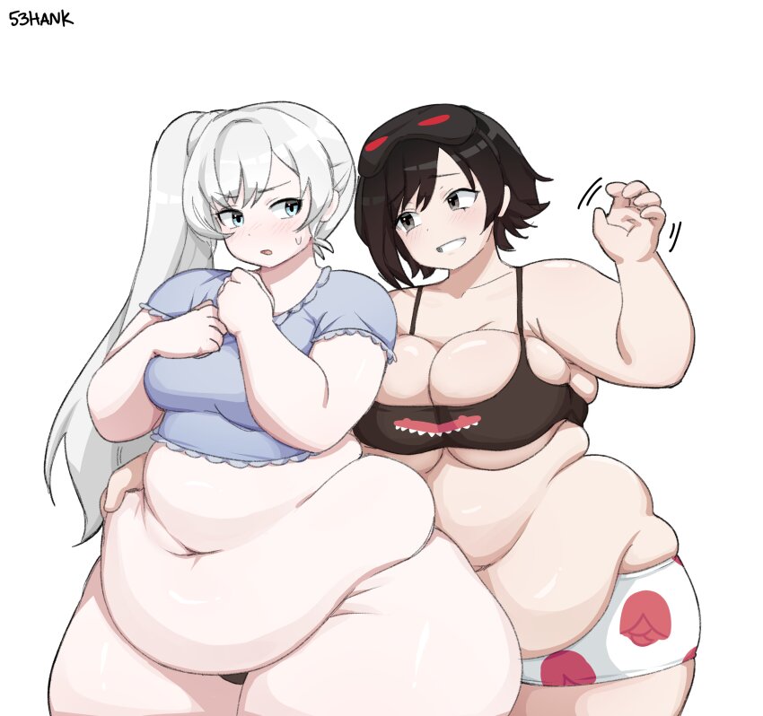 2girls 53hank absurdres artist_name belly_grab black_bra black_hair black_panties blue_eyes blue_shirt blush boxers bra breasts cleavage commission crop_top fat fat_rolls fat_woman grey_eyes groping_motion hands_on_own_chest heart heart_print highres large_breasts long_hair male_underwear medium_breasts multiple_girls navel obese on_head open_mouth panties polka_dot print_male_underwear ruby_rose rwby shirt short_hair short_shorts shorts side_ponytail sleep_mask smile standing sweat thick_thighs thighs underwear vgen_commission weiss_schnee white_background white_hair wide_hips
