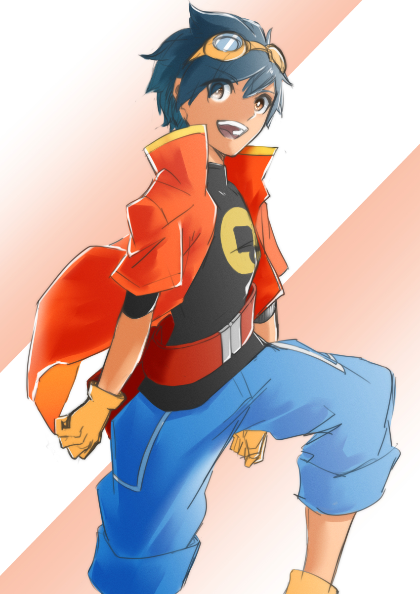 1boy absurdres belt blue_hair brown_eyes digimon gloves highres shu_(digimon) smile