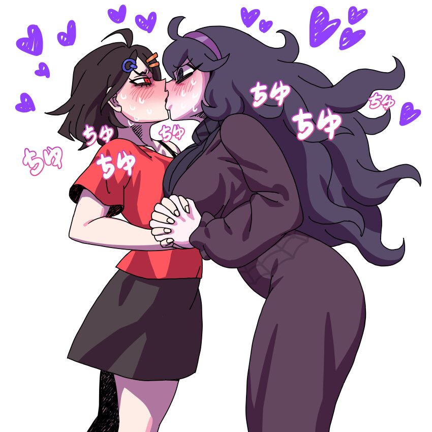 2girls @_@ absurdres ahoge black_hair black_skirt blush breasts commission couple dress eddybird55555 eye_contact from_side furrowed_brow hair_ornament hairband hairclip hands_up heart hex_maniac_(pokemon) highres holding_hands kiss large_breasts long_dress long_hair looking_at_another messy_hair multiple_girls nintendo original pokemon pokemon_xy profile purple_eyes purple_hairband red_eyes red_shirt shirt short_hair short_sleeves single_bare_shoulder single_off_shoulder skirt sound_effects sweat translation_request turtleneck turtleneck_dress yuri