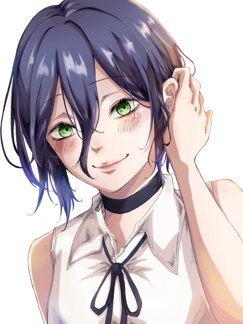 1girl adjusting_hair black_choker black_ribbon chainsaw_man choker closed_mouth collared_shirt green_eyes grenade_pin highres medium_hair mii_230 neck_ribbon purple_hair reze_(chainsaw_man) ribbon shirt simple_background sleeveless sleeveless_shirt smile solo white_background white_shirt