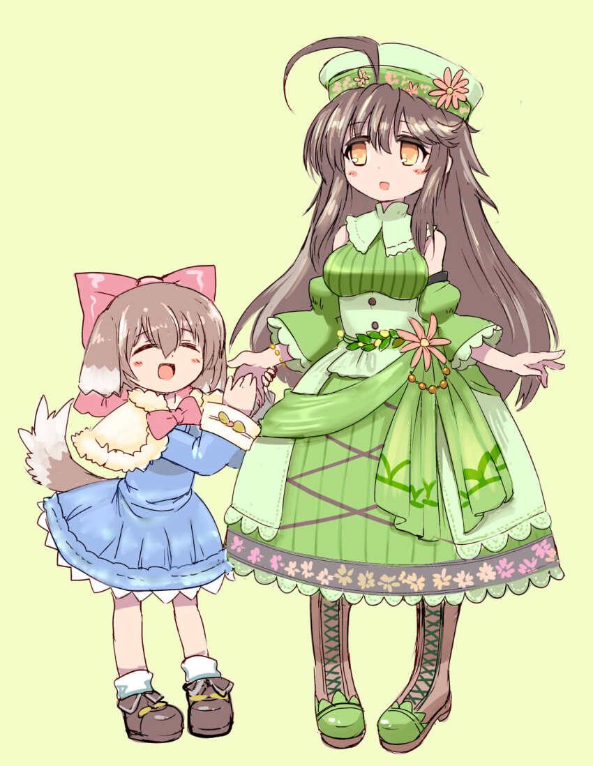 2girls ahoge ajitarou_(setsu) animal_ears bare_shoulders blue_dress boots bow bow_alma breasts brown_boots capelet closed_eyes dog_ears dog_girl dog_tail dress emil_chronicle_online green_background green_dress green_hat hair_bow hat highres large_breasts multiple_girls open_mouth pink_ribbon ribbon smile tail thigh_boots yellow_eyes