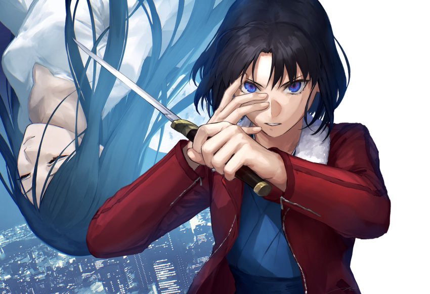 2girls black_hair blue_eyes closed_eyes closed_mouth dress fujou_kirie fur_collar hand_on_own_face highres holding holding_knife holding_weapon jacket japanese_clothes kara_no_kyoukai kimono knife kouzuki_kei long_hair long_sleeves looking_at_viewer multiple_girls open_clothes open_jacket parted_bangs red_jacket ryougi_shiki short_hair upper_body upside-down weapon white_background white_dress