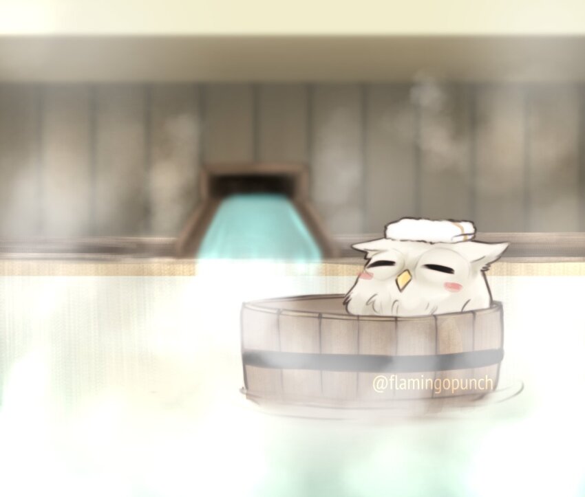 1girl bird bucket closed_eyes feh_(fire_emblem_heroes) fire_emblem fire_emblem_heroes flamingo_(eme324) indoors nintendo no_humans onsen owl relaxing towel towel_on_head wooden_bucket