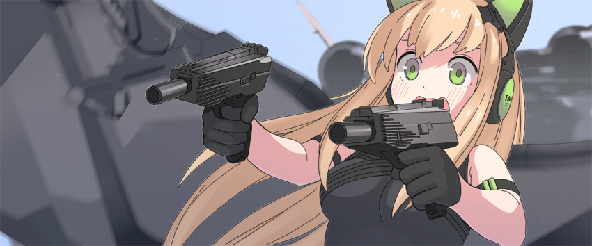 1girl animal_ear_headphones animal_ears b&amp;t_mp9 black_gloves black_leotard blonde_hair blush captain_america:_the_winter_soldier captain_america_(series) captain_america_the_winter_soldier cat_ear_headphones dual_wielding fake_animal_ears female_focus girls&#039;_frontline gloves green_eyes gun headphones holding holding_gun holding_weapon leotard long_hair marvel marvel_cinematic_universe mechanical_wings open_mouth parody solo submachine_gun tab_(tabkun) the_falcon tmp_(girls&#039;_frontline) upper_body weapon wings