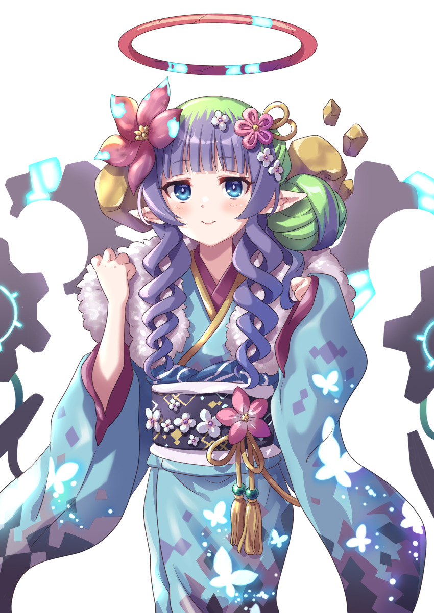 1girl absurdres alternate_costume ameth_(princess_connect!) blue_eyes blunt_bangs broken_halo closed_mouth drill_hair drill_sidelocks flower furisode gears green_hair hair_bun hair_flower hair_ornament halo highres japanese_clothes kimono multicolored_hair nengajou new_year obi pink_flower pink_hair pointy_ears princess_connect! purple_hair red_flower red_halo sash sidelocks simple_background smile solo tsukachii two-tone_hair white_background