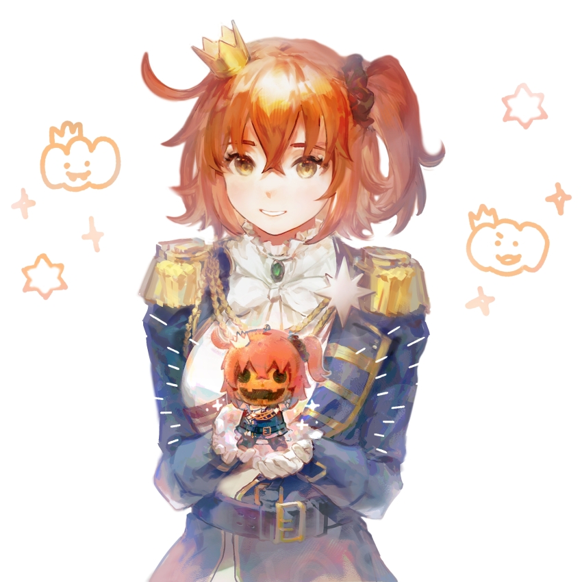 1girl ahoge black_scrunchie blush brooch commentary crossed_bangs crown eduoheshui english_commentary epaulettes fate/grand_order fate_(series) fujimaru_ritsuka_(female) fujimaru_ritsuka_(female)_(halloween_royalty) gloves hair_between_eyes hair_ornament hair_scrunchie highres jewelry long_sleeves looking_at_viewer military military_uniform mini_crown orange_hair scrunchie short_hair side_ponytail simple_background smile solo white_background white_gloves yellow_eyes