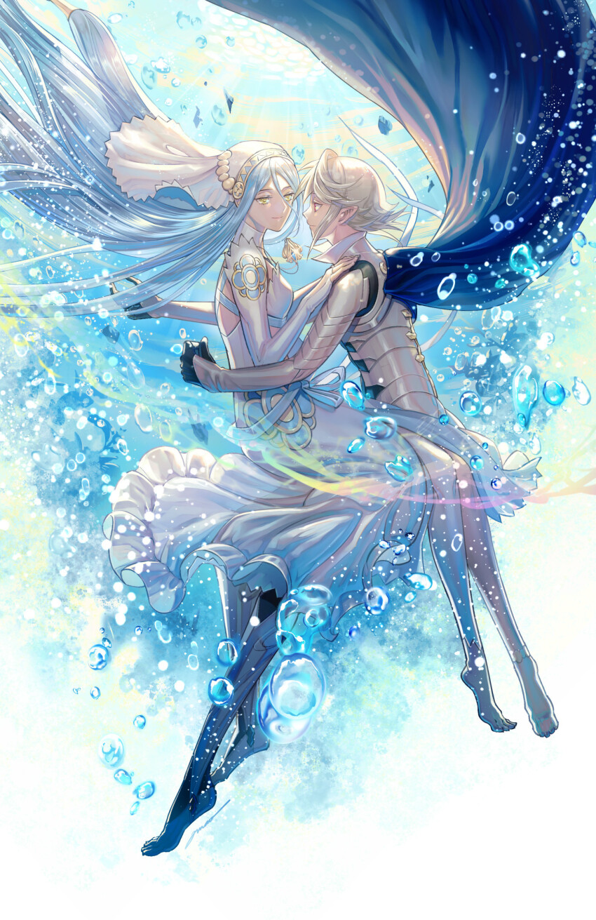 1boy 1girl air_bubble amao_miyuki armor azura_(fire_emblem) barefoot black_gloves blue_eyes blue_hair breasts bubble cape clothes_lift collar commentary couple cousins dress dress_lift english_commentary fingerless_gloves fire_emblem fire_emblem_fates floating floating_hair gloves hair_between_eyes highres incest jewelry long_hair male_corrin_(fire_emblem) nintendo pendant pointy_ears red_eyes short_hair signature simple_background smile underwater veil very_long_hair water white_background white_dress white_hair yellow_eyes
