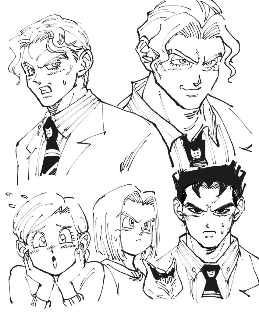 1girl 3boys black_eyes black_hair diamond_wa_kudakenai formal_clothes furrowed_brow hand_on_own_face highres jojo_no_kimyou_na_bouken kawajiri_hayato kawajiri_kosaku kawajiri_shinobu kira_yoshikage monochrome multiple_boys necktie ngvhop open_mouth short_hair smile stand_(jojo) stray_cat_(jojo) suit sweat toriyama_akira_(style)