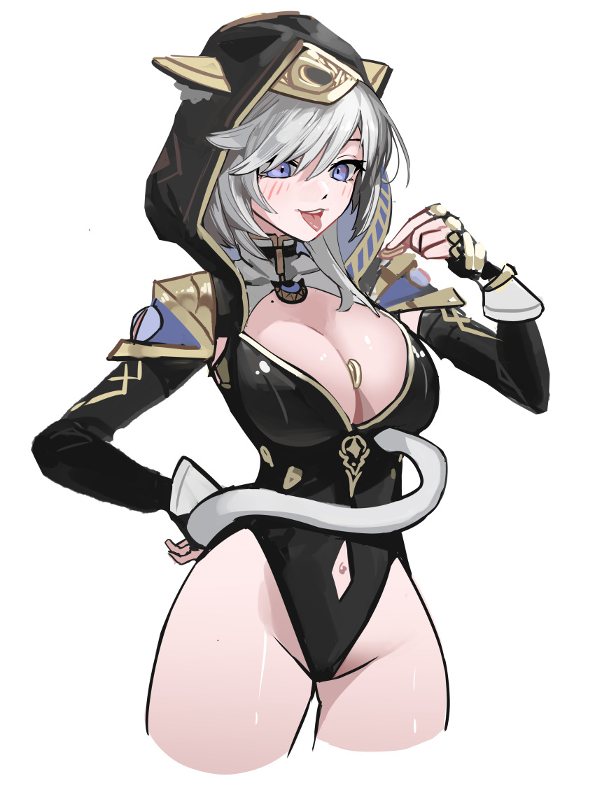 1girl absurdres animal_ear_fluff animal_ears animal_hood bad_source between_breasts black_gloves black_leotard blue_eyes breasts cat_ears cat_hood cat_tail cipher_(honkai:_star_rail) cleavage coin cropped_legs fingerless_gloves gloves gold_coin grey_hair highres holding holding_coin honkai:_star_rail honkai_(series) hood large_breasts leotard mole mole_on_breast seueo short_hair_with_long_locks simple_background solo tail tail_wrap thighs tongue tongue_out white_background