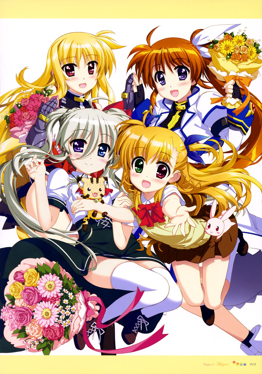 4girls :3 :d absurdres ahoge airborne arm_up ass asteion belt black_gloves black_leotard black_scrunchie black_socks blonde_hair blue_eyes blue_legwear blue_ribbon blush blush_stickers bouquet bow bowtie braid brown_eyes brown_hair brown_skirt collared_shirt cross-laced_footwear dress einhard_stratos english_text eyes_visible_through_hair fang fate_testarossa fate_testarossa_(true_sonic_form) fingerless_gloves flower flower_request framed_image french_braid fujima_takuya gauntlets gloves green_eyes green_skirt hair_between_eyes hair_ornament hair_ribbon hair_scrunchie heterochromia high-waist_skirt high_five highres holding holding_bouquet holding_stuffed_toy jacket juliet_sleeves jumping kneehighs leotard letterboxed loafers locked_arms long_hair long_skirt long_sleeves looking_at_viewer low_ponytail lyrical_nanoha mahou_shoujo_lyrical_nanoha_vivid miniskirt multiple_girls official_art open_mouth orange_flower orange_ribbon outstretched_hand own_hands_together page_number pink_flower pink_ribbon ponytail puffy_short_sleeves puffy_sleeves purple_eyes red_belt red_eyes red_flower red_neckwear red_ribbon ribbon rose sacred_heart scan school_uniform scrunchie shirt shoes short_sleeves side_ponytail silver_hair single_stripe skindentation skirt sleeveless smile socks st._hilde_academy_of_magic_uniform stuffed_animal stuffed_leopard stuffed_rabbit stuffed_toy sweater sweater_vest takamachi_nanoha takamachi_nanoha_(exceed_mode) thighhighs twintails very_long_hair vest vivio white_background white_dress white_flower white_footwear white_jacket white_ribbon white_shirt yellow_flower yellow_sweater yellow_vest zettai_ryouiki