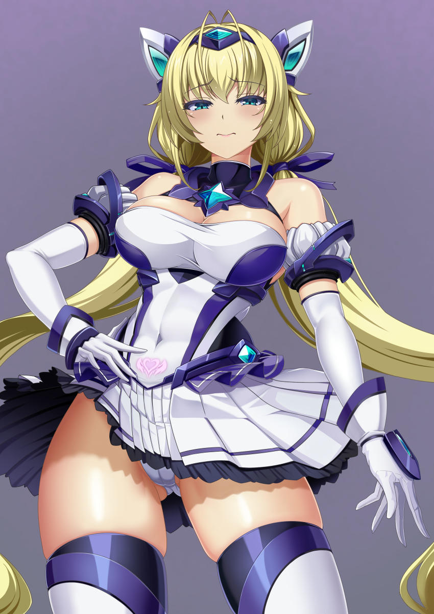 1girl absurdres aqua_eyes aqua_gemstone armlet blonde_hair blue_ribbon breasts cameltoe cleavage detached_sleeves dress elbow_gloves exs-tia_spica from_behind gem genderswap genderswap_(mtf) gloves gluteal_fold hand_on_own_hip harold_japan highres jewelry katsuragi_souma kouyoku_senki_exs-tia leotard looking_at_viewer low_twintails pubic_tattoo pubic_tattoo_through_clothing ribbon simple_background solo tattoo tongue twintails