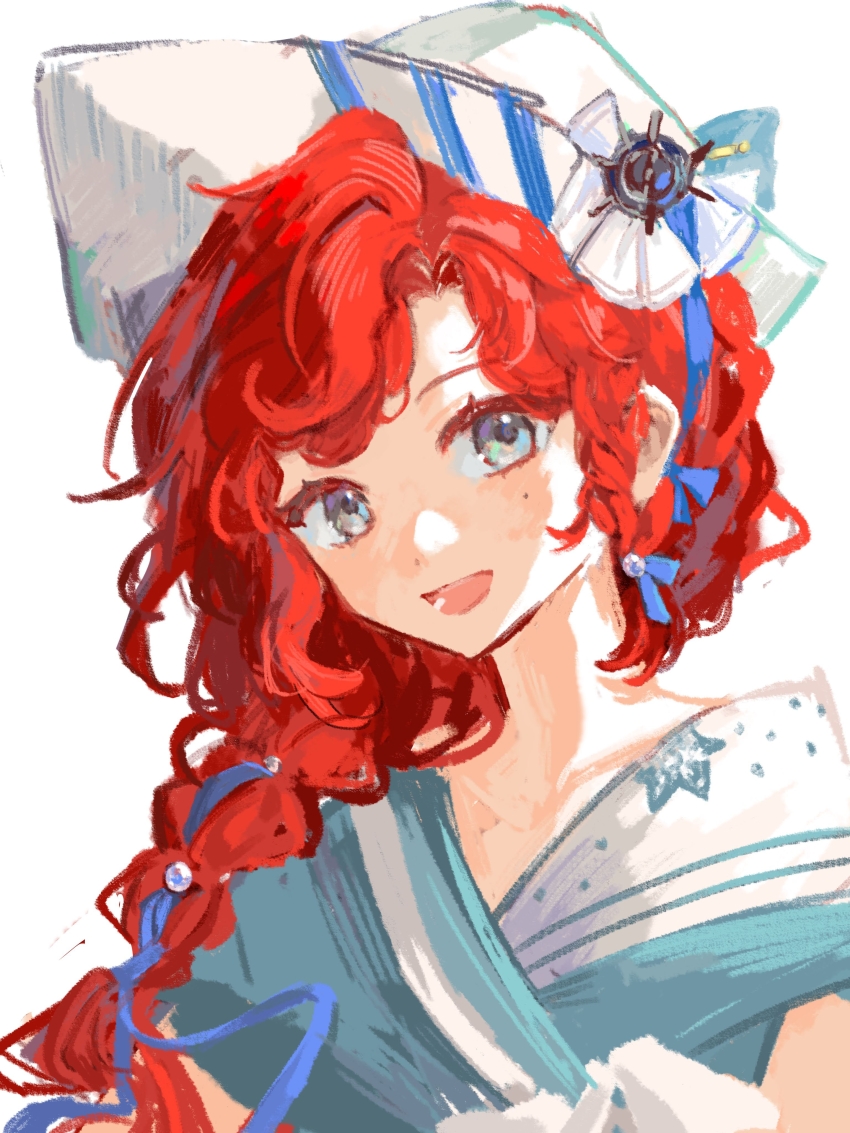 1girl :d absurdres barcarola_(reverse:1999) blue_eyes blue_shirt chinese_commentary commentary_request dixie_cup_hat hat highres long_braid looking_at_viewer military_hat mole mole_under_eye open_mouth red_hair reverse:1999 sailor_collar shafa_malingshu shirt smile solo upper_body white_background white_hat