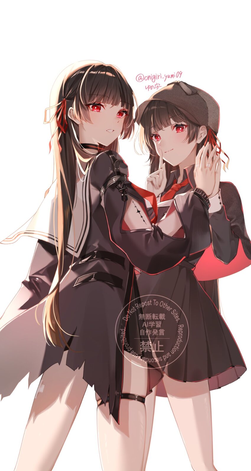 2girls arm_cutout black_choker black_hair black_shirt black_skirt character_request chisa_(wuthering_waves) choker closed_mouth collared_shirt commentary_request cowboy_shot finger_to_mouth hair_ribbon highres long_hair long_sleeves look-alike looking_at_viewer multiple_girls necktie onigiri_yumi09 parted_lips red_eyes red_necktie red_ribbon ribbon shirt shushing skirt smile tacet_mark_(wuthering_waves) twitter_username wuthering_waves
