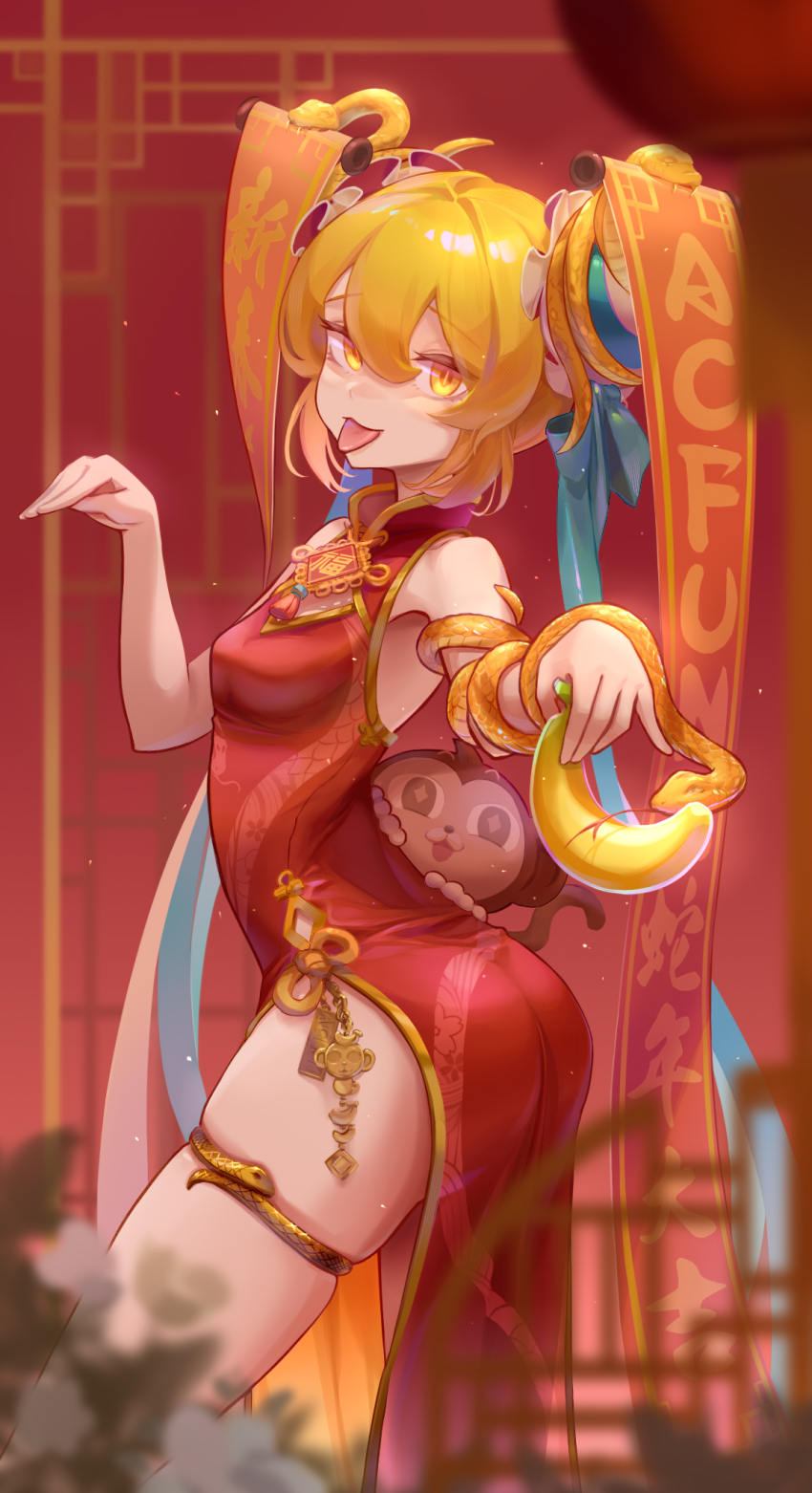 1girl :p acfun acfun_girl alicks_(pixiv_19241330) ass banana blonde_hair blurry blurry_background blurry_foreground breasts bun_cover china_dress chinese_clothes chinese_knot chinese_new_year cowboy_shot dress fai_chun flower food from_side fruit good_fortune_symbol hair_bun hair_ornament hands_on_another&#039;s_waist hands_up highres holding holding_food holding_fruit lantern lattice long_dress looking_at_viewer medium_breasts monkey paper_lantern pink_flower red_background red_dress short_hair sleeveless sleeveless_dress snake snake_wrapped_around_arm solo star_(symbol) star_hair_ornament thigh_strap tongue tongue_out yellow_eyes