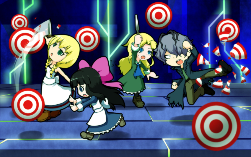 1boy 3girls aya_drevis belt black_hair blonde_hair blue_eyes bow braid crossover dress flying_kick garry_(ib) green_eyes hair_over_one_eye highres ib_(kouri) kicking knife mad_father majo_no_ie mary_(ib) multiple_crossover multiple_girls nintendo purple_hair shan_grila super_smash_bros. target twin_braids viola_(majo_no_ie)