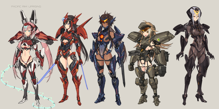 5girls absurdres black_hair bracer_phoenix braid breasts brown_hair cannon chain_sword_2.0 chainsword chest_cannon cyborg dark-skinned_female dark_skin directed-energy_weapon dual_vortex_turbine dual_wielding elec-16_arc_whip electric_whip electricity energy energy_blade energy_cannon energy_sword energy_weapon gipsy_avenger glowing glowing_sword glowing_weapon guardian_bravo highres holding ionic_twinblade jaeger_(pacific_rim) legendary_pictures long_hair mecha_musume multiple_girls obsidian_fury pacific_rim pacific_rim_uprising pan_pacific_defense_corps personification pink_hair plasma saber_athena short_hair shoshinsha_mark sigm@ sword twintails underboob weapon whip whip_sword white_hair