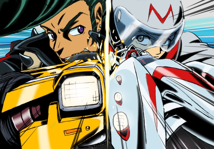 2boys 7736 black_jacket car crossover frown glowing hair_behind_ear helmet jacket jp_(redline) leather leather_jacket looking_to_the_side mach_go_go_go male_focus mifune_gou motion_lines motor_vehicle multiple_boys muscle_car parted_lips pompadour race_vehicle racecar redline smile trans_am_20000_wr_(redline) trans_am_2000_wr v-shaped_eyebrows vehicle_focus white_headwear white_jacket