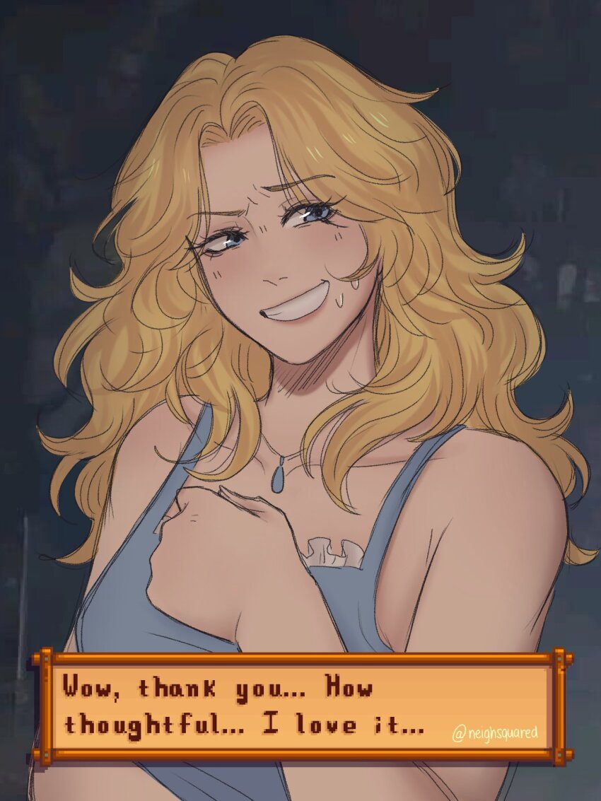 1girl artist_name bare_shoulders blonde_hair blue_eyes blue_shirt breasts english_text forced_smile haley_(stardew_valley) highres jewelry long_hair looking_to_the_side medium_breasts necklace neigh_(neighsquared) shirt simple_background solo stardew_valley sweat sweatdrop upper_body