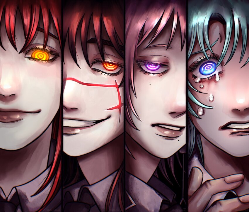 4girls blue_eyes chainsaw_man close-up closed_mouth commentary crying crying_with_eyes_open english_commentary facial_scar fami_(chainsaw_man) grey_hair grin highres makima_(chainsaw_man) mole mole_under_eye multiple_girls purple_eyes purple_hair red_eyes red_hair scar scar_on_cheek scar_on_face scar_on_nose smile tears teeth white_haired_girl_(chainsaw_man) wischkaa yellow_eyes yoru_(chainsaw_man)