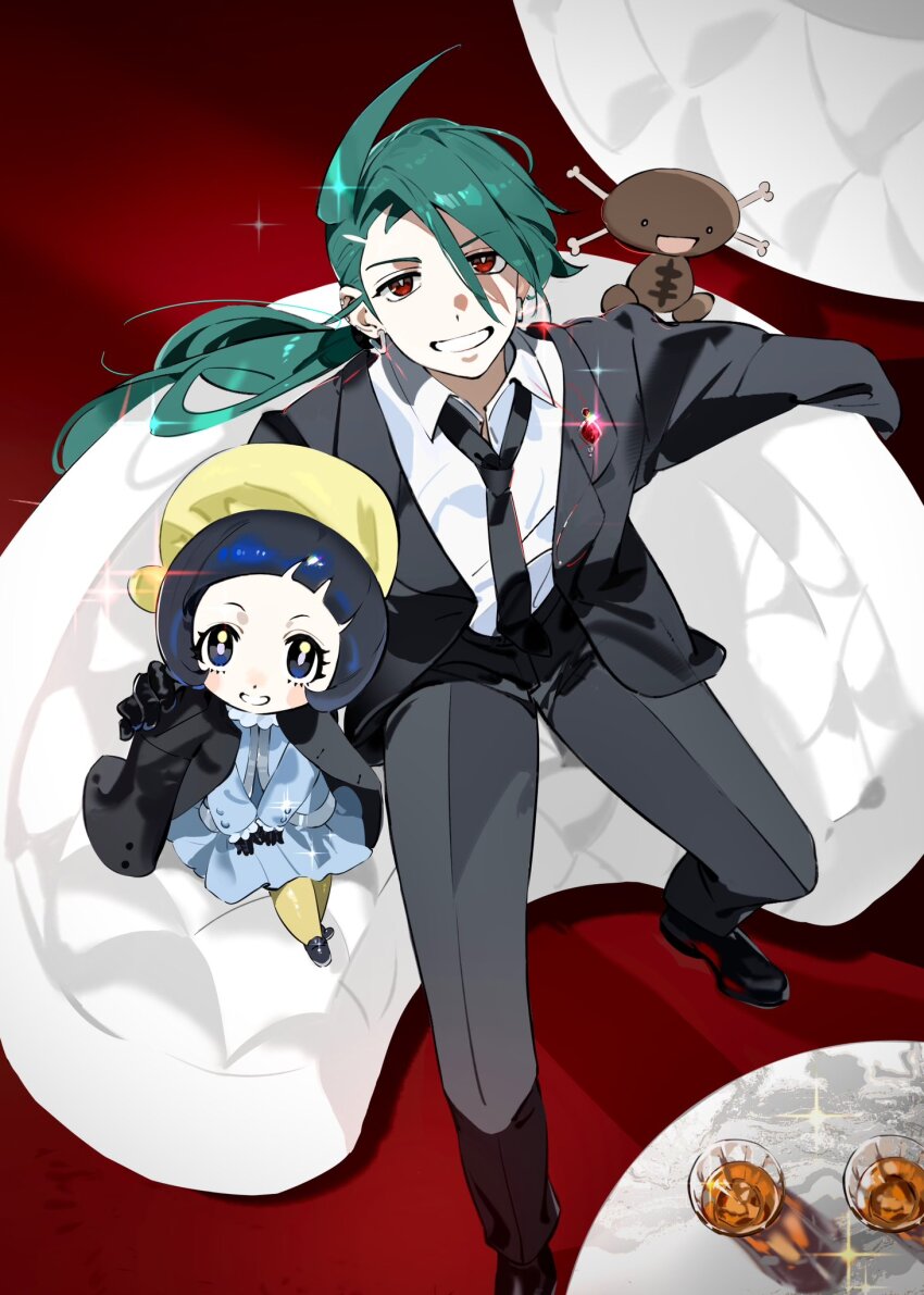 2girls androgynous aqua_hair black_hair black_jacket black_necktie black_pants black_shoes black_suit blue_dress blue_eyes blunt_bangs child couch creatures_(company) cup dress drink drinking_glass earrings foot_out_of_frame formal_clothes from_above game_freak geetasdog glint green_hair grin hand_on_another&#039;s_shoulder hat highres jacket jewelry long_hair looking_at_viewer low-braided_long_hair low-tied_long_hair multiple_girls necktie nintendo on_couch paldean_wooper pants pokemon pokemon_(creature) pokemon_sv poppy_(pokemon) red_eyes reverse_trap rika_(pokemon) shirt shoes short_bangs short_hair sitting smile suit white_shirt yellow_hat