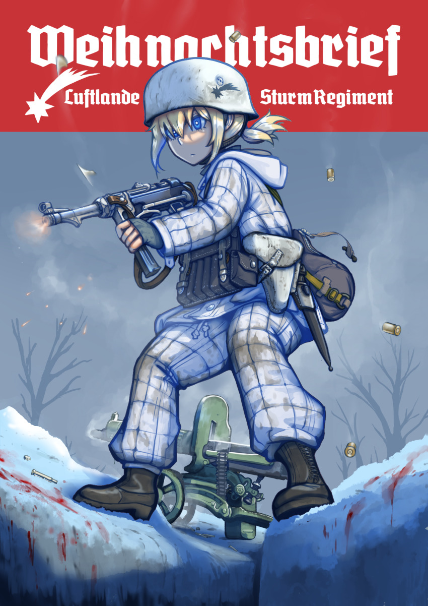 1girl 9x19mm_parabellum ammunition ammunition_belt black_boots blonde_hair blue_eyes boots brown_boots shell_casing combat_helmet erica_(naze1940) german_text gun heavy_machine_gun helmet highres holding holding_gun holding_weapon long_sleeves low_ponytail machine_gun maxim_gun military military_cartridge military_uniform mp40 original outdoors pants pistol_cartridge ponytail shell_casing short_ponytail sidelocks snow solo stahlhelm submachine_gun tree weapon white_pants winter world_war_ii