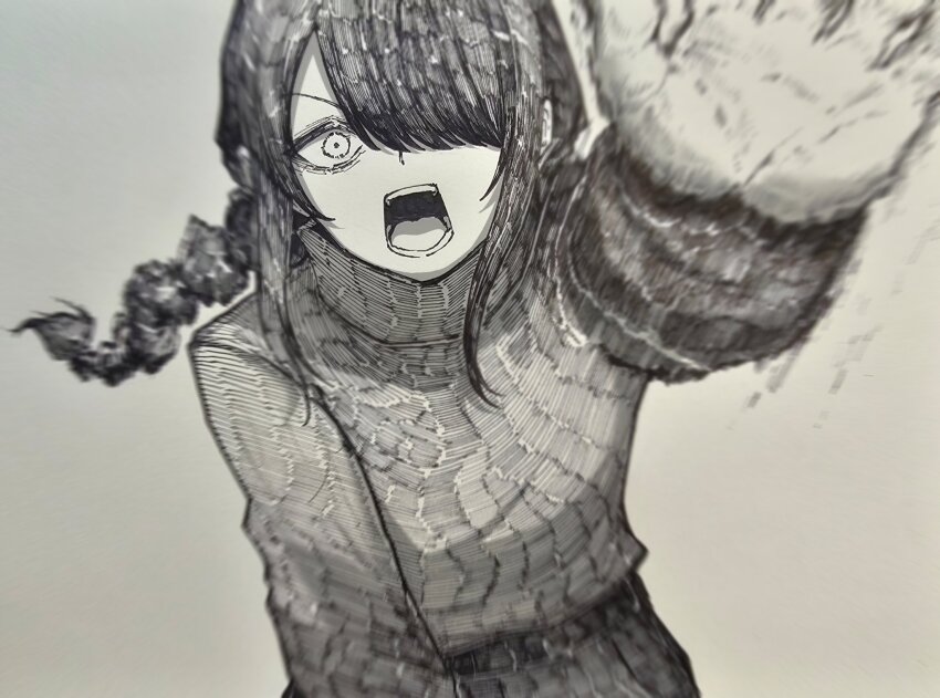 1girl braid chainsaw_man commentary_request epeulu_(ate5424) foreshortening greyscale hair_over_one_eye hatching_(texture) highres korean_commentary marker_(medium) monochrome motion_lines nayuta_(chainsaw_man) open_mouth sidelocks single_braid solo traditional_media turtleneck underwear