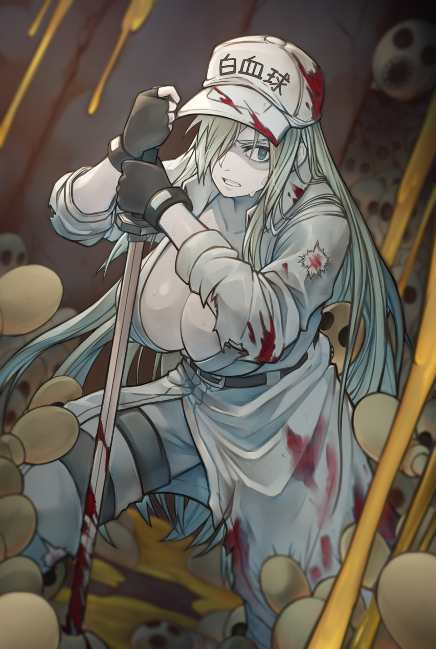 1girl animal_band baseball_cap blood blood_on_clothes blue_eyes breasts bruise cero320 cleavage colored_skin hair_over_one_eye hat hataraku_saibou hataraku_saibou_black highres holding holding_sword holding_weapon injury katana large_breasts neutrophil planted_sword planted solo sword torn_clothes u-1196 weapon white_blood_cell_(hataraku_saibou) white_hair white_skin white_uniform