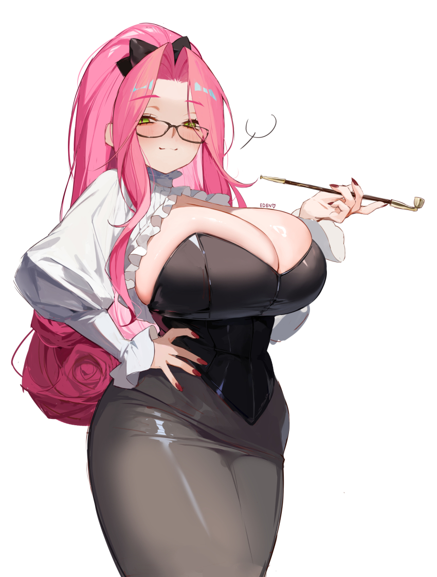 1girl :3 artist_name black-framed_eyewear black_bow black_bustier blush bow breasts character_request check_character cleavage closed_mouth commentary eden_(shiroki_yuutsu) english_commentary fingernails flower-shaped_hair frilled_shrug frills glasses green_eyes grey_skirt hair_bow hair_intakes hand_on_own_hip heart high_ponytail highres holding holding_smoking_pipe huge_breasts long_hair long_sleeves looking_at_viewer mature_female nail_polish original pink_hair ponytail red_nails shrug_(clothing) simple_background skirt smile smoking_pipe solo thighs vanilla_(eden_(shiroki_yuutsu)) white_background white_shrug yellow_eyes