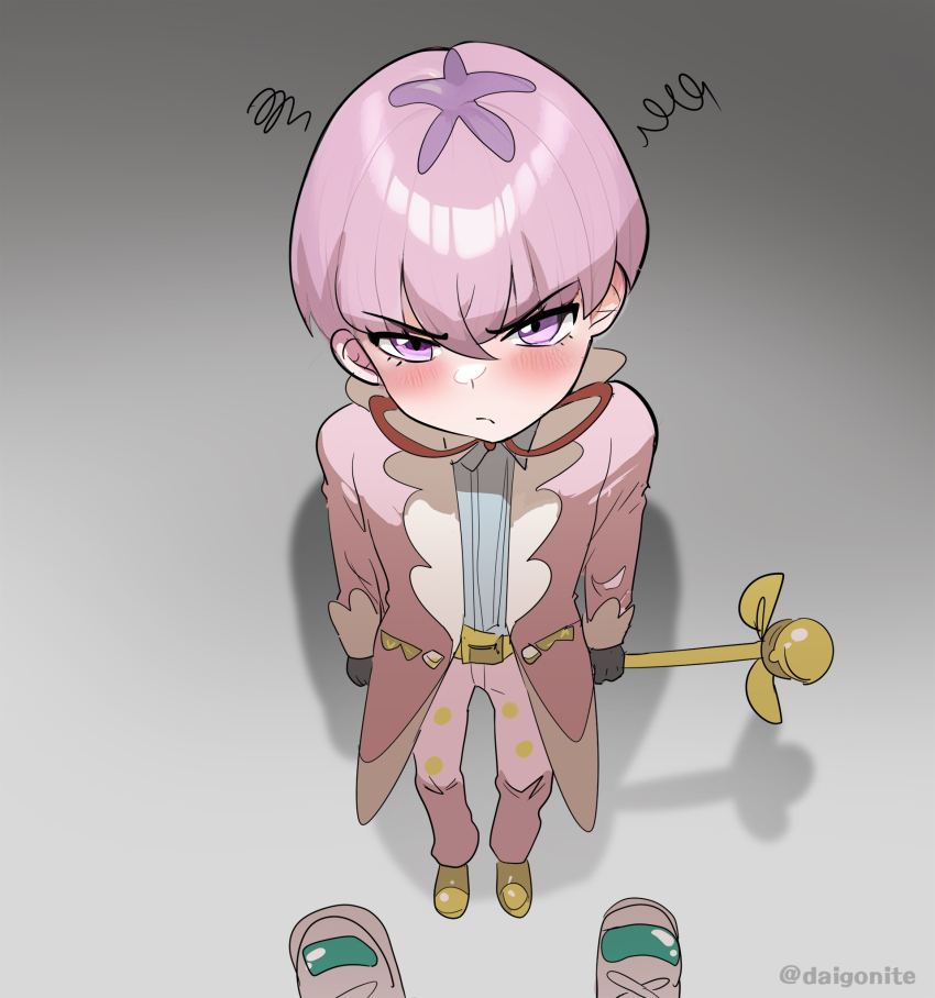 2boys blush brown_footwear closed_mouth coat commentary eyelashes frown gloves goro_orb highres holding looking_up male_focus multiple_boys neck_ribbon nintendo open_clothes open_coat ortega_(pokemon) pants pink_coat pink_hair pink_pants pokemon pokemon_sv pov purple_eyes red_ribbon ribbon shirt shoes short_hair squiggle team_star twitter_username watermark
