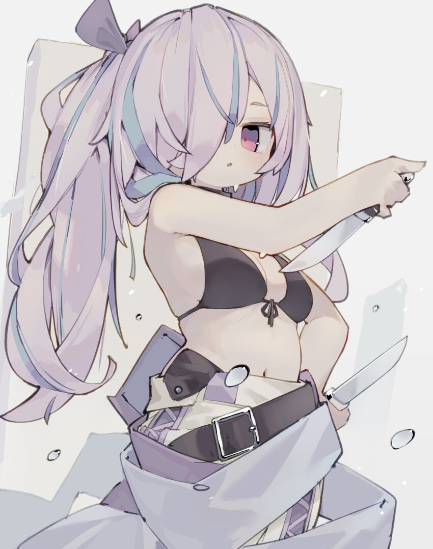 1girl absurdres bikini bikini_top_only black_bikini black_ribbon blue_hair blush commentary cowboy_shot dated_commentary front-tie_bikini_top front-tie_top hair_over_one_eye hair_ribbon highres holding holding_knife knife long_hair multicolored_hair navel nep_(nep_76) original pants parted_lips purple_hair red_eyes ribbon solo swimsuit symbol-only_commentary two-tone_hair white_pants