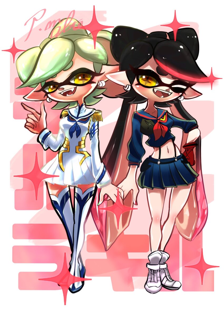 +_+ 2girls alternate_costume altoooooon callie_(splatoon) cosplay dress highres kill_la_kill kiryuuin_satsuki kiryuuin_satsuki_(cosplay) long_hair looking_at_viewer marie_(splatoon) matoi_ryuuko matoi_ryuuko_(cosplay) multiple_girls nintendo one_eye_closed splatoon_(series) tentacle_hair